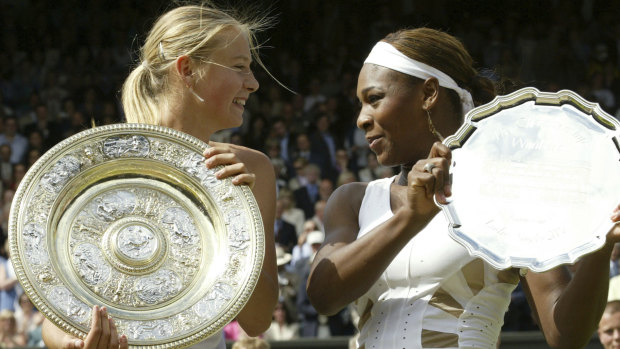 Maria Sharapova and Serena Williams at Wimbledon in 2004.