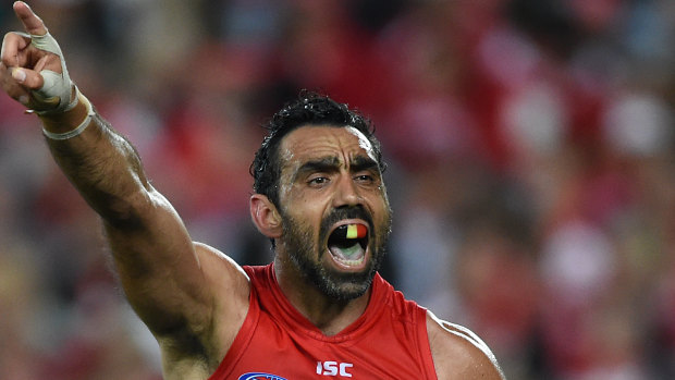 Adam Goodes playing for the Sydney Swans in 2015. 
