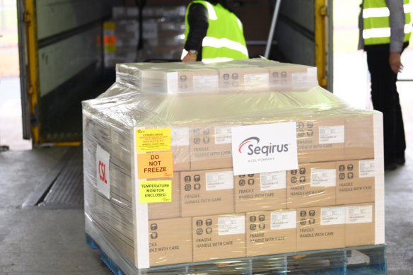 The first batch of 830,000 Australian-made COVID vaccines left the CSL factory in Parkville, Melbourne, after being approved by the Therapeutic Goods Administration.