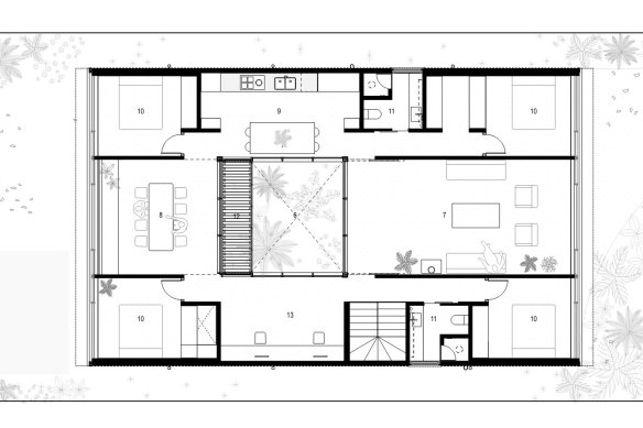 The layout of the top floor of Shed House, where the rooms face a large courtyard, and the bedrooms are located in the corners. 