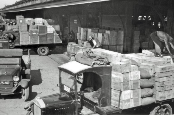 Trucks loading up at the A Shed in the 1930s. 