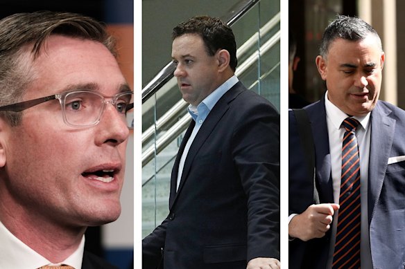 L-R: NSW Premier Dominic Perrottet, outgoing NSW deputy Liberal leader Stuart Ayres, and former MP John Barilaro.