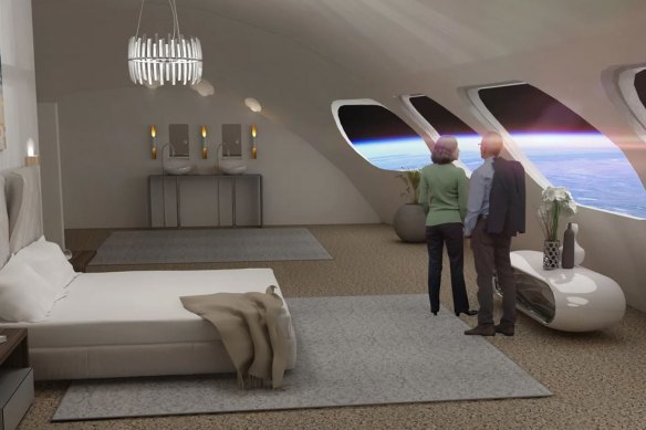 A mock-up of a proposed luxe space hotel, Voyager Station, promising to simulate one-sixth of Earth’s gravity for a comfortable stay. 