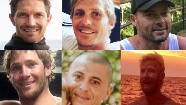 The six missing fishermen (left to right). Top: Ben Leahy, Adam Hoffman and Eli Tonks. Bottom: Zachary Feeney, Chris Sammut and Adam Bidner.