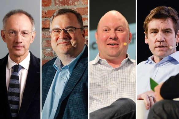 From left, Michael Moritz, Reid Hoffman, Marc Andreessen and Chris Dixon, four prominent Silicon Valley investors, have backed Flannery Associates.