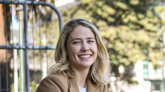 Amelia Hamer,  with her dog Juno, will take on teh teals as the Liberal Party’s candidate for Josh Frydenberg’s former seat of Kooyong. 