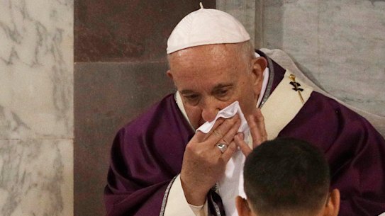 Pope Francis was seen wiping his nose during the Ash Wednesday Mass last month. 