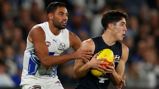 Adam Cerra comes into the Blues’ side. Meanwhile, Tarryn Thomas will miss the Roos’ game due to personal reasons.