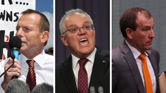 Composite - Australian opposition leader Tony Abbott addresses the crowd during a demonstration against the Australian Labor Governments proposed carbon tax outside Parliament House, Canberra, Australia, Wednesday, March 23, 2011. The carbon tax is part of Australia’s bid to cut its greenhouse emissions but the protesters said the tax will add to their household bills and damage the economy. (AP Photo/Mark Graham). Mal Brough during question time at Parliament House in Canberra on Thursday 26 November 2015. Photo: Andrew Meares