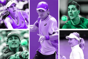Australia has 14 players in the singles draw at Wimbledon, with Alex de Minaur (centre) the main hope. Others to watch include (clockwise from top left) Ajla Tomljanovic, Thanasi Kokkinakis, Daria Saville and Max Purcell. 