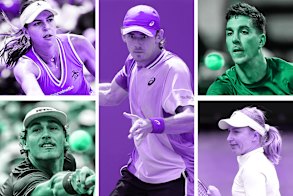 Australia has 14 players in the singles draw at Wimbledon, with Alex de Minaur (centre) the main hope. Others to watch include (clockwise from top left) Ajla Tomljanovic, Thanasi Kokkinakis, Daria Saville and Max Purcell. 