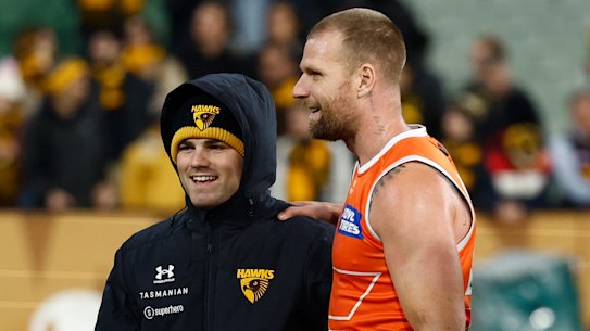 Nick Watson with Jake Stringer after the Hawks’ clash with the Giants.