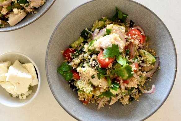 Chicken and grain salad with lemon dressing is ideal for make-ahead work lunches.