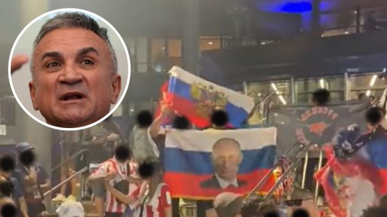 Homepage composite of Srdjan Djokovic, father of Novak Djokovic, saying “long live the Russians” in Serbian alongside fans with banned Russian flags at the Australian Open on Wednesday night.