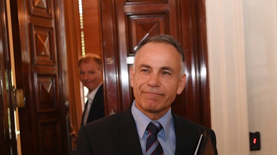 Opposition Leader John Pesutto emerges from the party room after split vote.