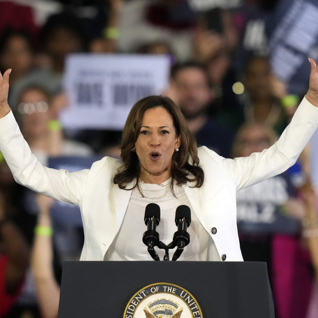 Democratic presidential nominee Vice President Kamala Harris speaks at a campaign rally in Romulus, Michigan.