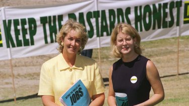 Former Democrats Cheryl Kernot and Natasha Stott Despoja in 1999 with the party’s famous “Keep the bastards honest” motto.