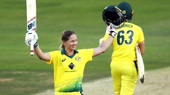Meg Lanning celebrates her century against England.