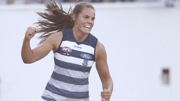 Madeleine Boyd celebrates the first Geelong goal. 