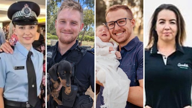Constables Rachel McCrow and Matthew Arnold, who were killed in the Wieambilla shooting, and constables Randall Kirk and Keely Brough, who survived the incident.
