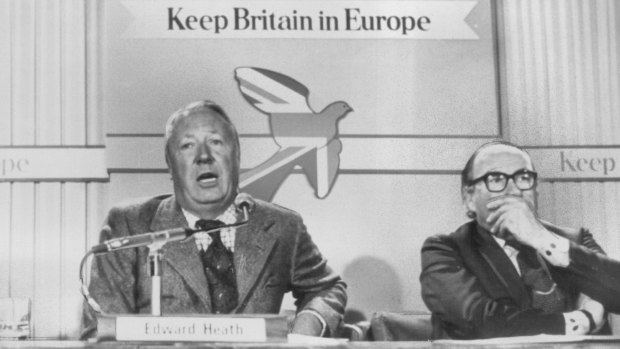 Then opposition leader Ted Heath and Labour Home Secretary Roy Jenkins campaign to "Keep Britain in Europe" ahead of the 1975 referendum, in which two-thirds of voters opted to stay in the Common Market.  