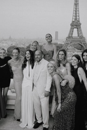 Aussie posse in Paris: Tamie Ingham (third from left) and new husband Guillaume Brahimi during this week’s wedding celebrations.