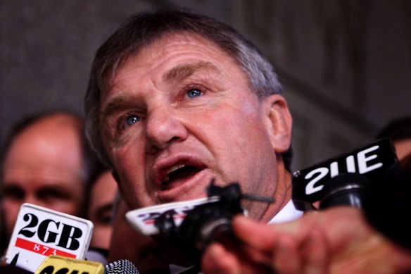 George Piggins addresses Souths fans after their victory in the Federal Court in 2001.