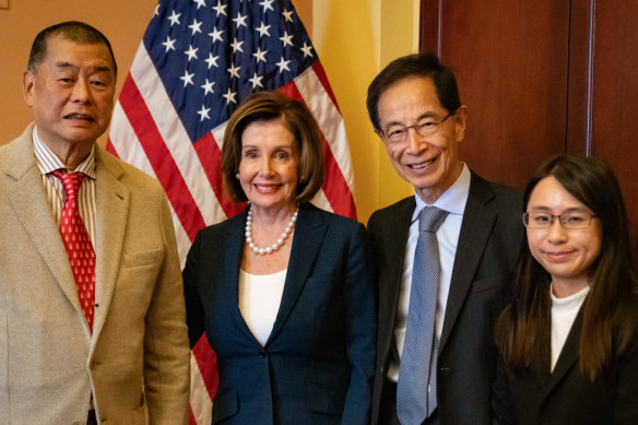 Jimmy Lai, left, with US Speaker Nancy Pelosi in Washington in October.
