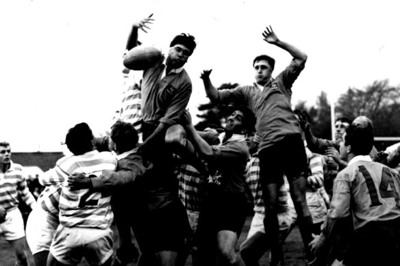 Peter Crittle wins a line-out in a game against Cambridge during a match in 1966.