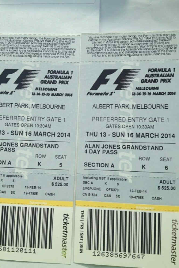 Ian Anderson’s F1 tickets in 2014.