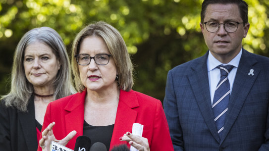 Premier Jacinta Allan with Attorney-General Sonya Kilkenny and Police Minister Anthony Carbines,