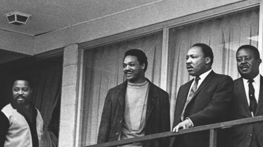 Rev. Martin Luther King Jr., second from right, standing with other civil rights leaders on the balcony of the Lorraine Motel in Memphis, Tenn., a day before he was assassinated at approximately the same place.