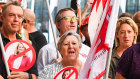 The Unions NSW protest outside Aware Super offices on Tuesday.