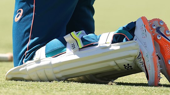 Usman Khawaja wearing “all lives are equal” on his shoes during an Australian nets session at the WACA on Tuesday.