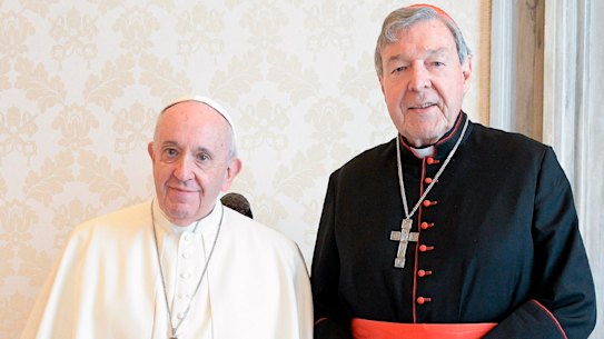 Pope Francis and Cardinal George Pell during their private meeting at the Vatican on Monday.