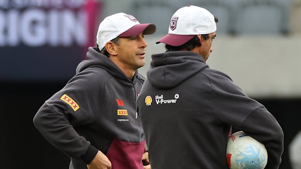 PERTH, AUSTRALIA - JUNE 17: Billy Slater looks on with Johnathan Thurston during a Queensland Maroons State of captain’s run at Optus Stadium on June 17, 2025 in Perth, Australia. (Photo by Paul Kane/Getty Images)