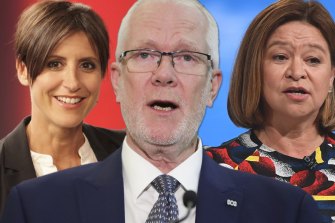 Emma Alberici, Justin Milne and Michelle Guthrie.
