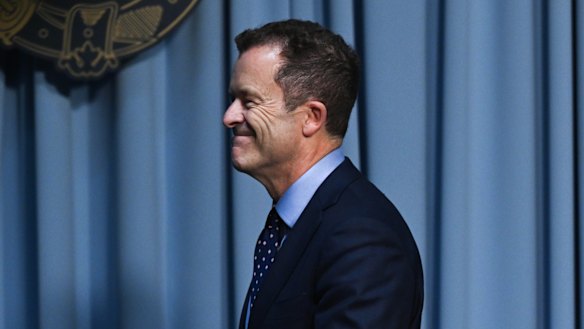 Mark Speakman leaves a press conference announcing his resignation as leader.