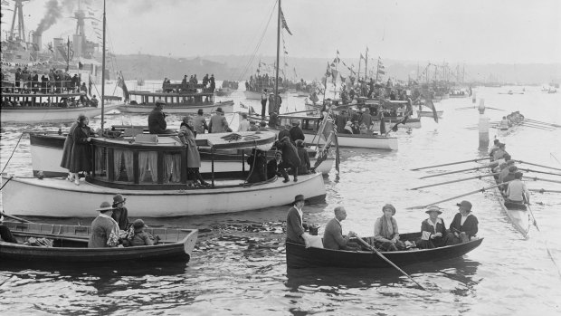 A flotilla awaits the arrival of Edward VIII Prince of Wales at Farm Cove, Sydney, 16 June 1920.