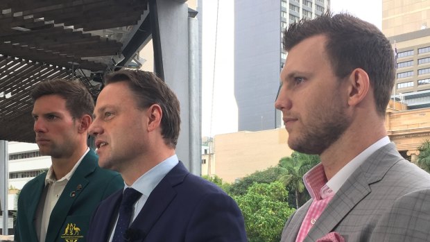 Daniel Fox, Adrian Schrinner and Jeff Horn at the announcement of three ambassadors for the 2019 Brisbane INES Global Games.