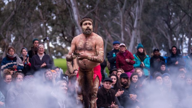 Djab Wurrung man DT Zellanach performing a ceremony in front of the Grandfather tree at Djab Wurrung Embassy camp.