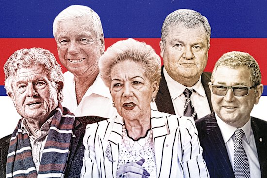 Western Bulldogs powerbrokers: (back) Garry Johnson and Peter Gordon, and (front), Alan Johnstone, Susan Alberti and David Smorgon.