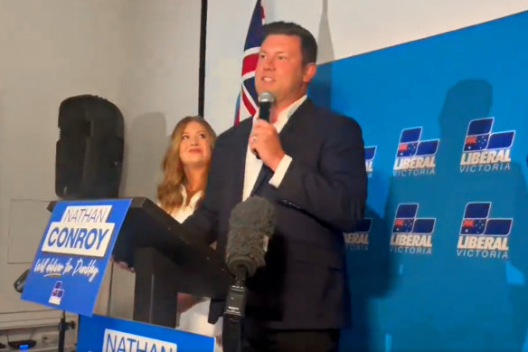 Liberal candidate Nathan Conroy concedes defeat on Saturday night.