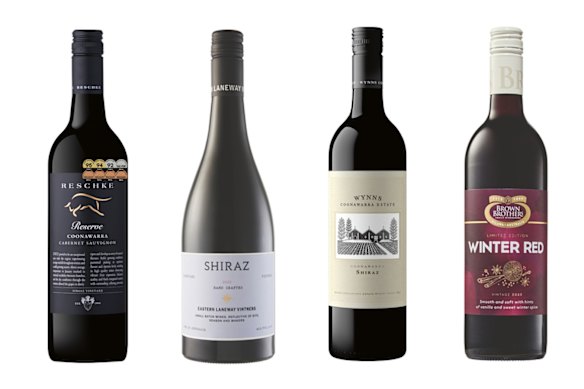 Top Aldi buys (l-r): Reschke 2022 Coonawarra Cabernet Sauvignon; Eastern Laneway Vintners 2024 Grampians Shiraz; Wynns “The Sliding” 2023 Coonawarra Cabernet Shiraz Merlot; The Brown Brothers 2024 Winter Red. 