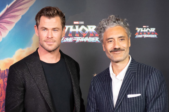Chris Hemsworth and Taika Waititi at the Australian premiere of Thor: Love and Thunder in Sydney tonight.
