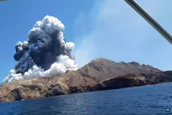 The White Island volcano disaster, as captured on a video shot by tourist Allessandro Kauffmann, who was by now safely on a boat.