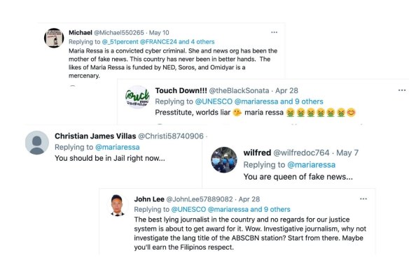 Some of the social-media messages attacking Ressa. 