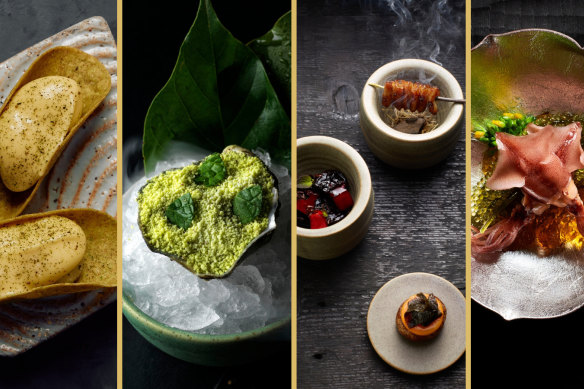 Three-hat worthy dishes at (from left) Amaru; Vue de Monde; Brae and Minamishima.