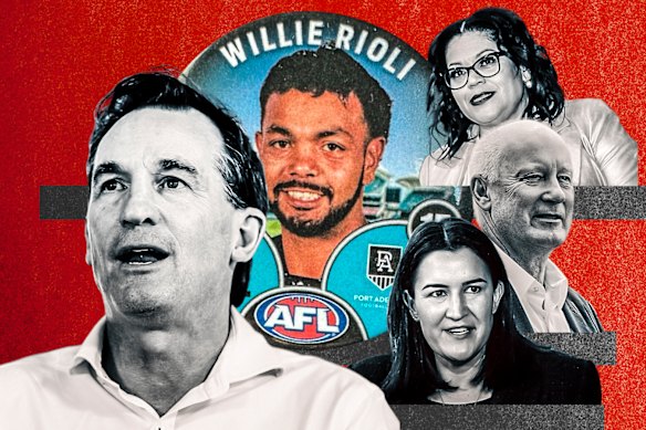 The Willie Rioli saga exposed cracks in the league’s leadership (clockwise from left): CEO Andrew Dillon, Indigenous executive Tanya Hosch, chairman Richard Goyder and football boss Laura Kane.