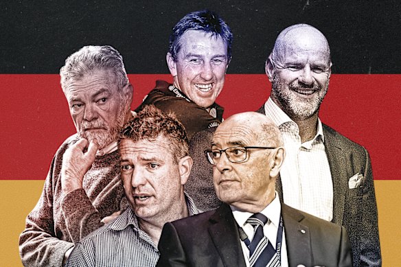 Crows influencers Neil Balme, Shaun Rehn, Mark Ricciuto, John Olsen and Darren Thomas.